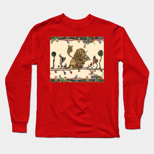 WEIRD MEDIEVAL BESTIARY MAKING MUSIC Violinist Lion,Hare,Snail Cat Long Sleeve T-Shirt by BulganLumini